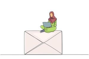 Single continuous line drawing Arabian businesswoman sitting and typing laptop computer on giant email icon. Prepare a quotation letter for cooperation in the technology business. One line design vector