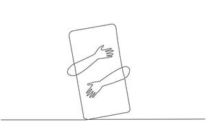 Single continuous line drawing hands hugging handphone. Entrepreneurs buy new handphone with high specifications to support daily activities. Gadgets make performance easier. One line design vector