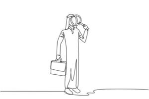 Single continuous line drawing Arab businessman stood holding a magnifier and the other holding a briefcase. Look for smallest possible opportunities for profit that can be exploited. One line vector