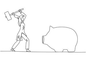 Continuous one line drawing Arabian businesswoman hits big piggy bank with big hammer. Responsible for paying off all bills by taking savings. Struggle for business. Single line draw design vector