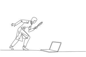 Single continuous line drawing of Arabian businesswoman holding magnifying glass looking at laptop computer. Confused a programmer facing the bugs in the application she made. One line design vector