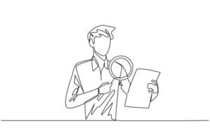 Single continuous line drawing young businessman holds a piece of paper and checks it with a magnifier. Businessman work with research analytics and statistic. One line design illustration vector