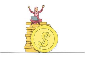 Single continuous line drawing Arabian businesswoman sitting on stack of coins putting laptop on her thigh. Successful remote freelance work. Get a lot of money. Concept of smart work. One line design vector