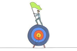 Single continuous line drawing of young businessman standing on giant arrow target board raising flag. Focus on targets, be patient, smart business, success will be achieved. Triumph. One line design vector