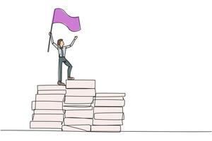 Continuous one line drawing of young businessman standing on piles of paper document raising flag. Create business plan with lots of data. Winner even though there is a lot of work. Single line draw vector