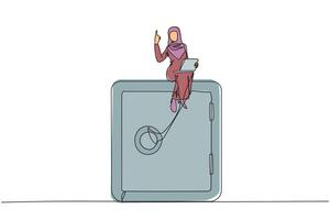 Single continuous line drawing Arabian businesswoman sitting on big safe deposit box while hand holds laptop computer. The importance of keeping money and documents in a safe place. One line design vector