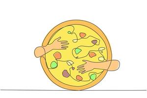 Continuous one line drawing of hands hugging pizza. Culinary from Italy which is now known throughout the world. Typical food in the form of circular flatbread. Single line design illustration vector