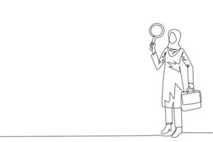 Single one line drawing Arabian businesswoman holds the magnifier in her right hand while in left hand holds a briefcase. Businesswoman who offer cooperation proposals. Continuous line design graphic vector