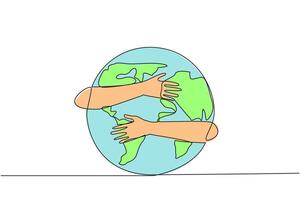 Single continuous line drawing of hands hugging globe. Keeping the earth green so that it remains suitable for human life. Concept of World Environment Day. One line design illustration vector