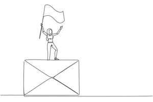 Continuous one line drawing of young businesswoman standing on giant email icon raising flag. Received a cooperation offer email that is very profitable for the company. Single line draw design vector