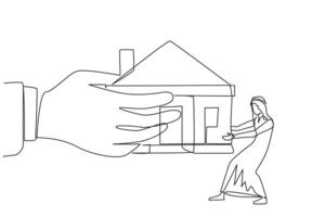 Single continuous line drawing Arab businessman pulling miniature house which is also pulled by big hand. Failed to pay the mortgage so that it can be withdrawn by bank. One line illustration vector