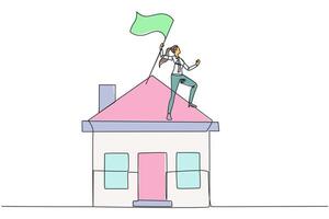 Continuous one line drawing young businesswoman standing on miniature house raising flag. Entrepreneurs who are successful in home property deserve an award for her business. Single line draw vector