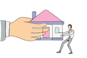 Continuous one line drawing young businessman pulling miniature house which is also pulled by a big hand. Failed to pay the mortgage so that it can be withdrawn by bank. Single line draw design vector