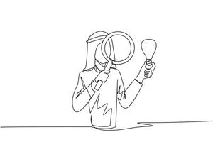 Continuous one line drawing Arabian businessman inspects lightbulb he holds with a magnifier. Analyze existing ideas and select them for new business needs. Single line draw design illustration vector