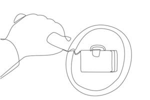 Single continuous line drawing big hand holding magnifying glass highlights briefcase. Like a detective, checking the briefcase so that the quality is suitable for business. One line design vector