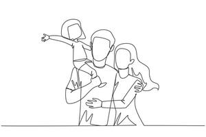 Continuous one line drawing of young woman hug her handsome husband who is holding their cute daughter. Smiling couple with child. Happy family concept. Single line draw design illustration vector