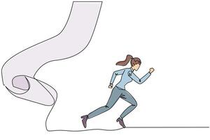 Single continuous line drawing of businesswoman running chased by pendulum paper rolls bills. Trying to run away from responsibility to pay off all the bills. One line design illustration vector
