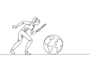 Single continuous line drawing of businesswoman holding magnifying glass looking at globe. Analyze and map the territory to open the new business. Growing business. One line design illustration vector