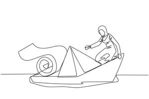 Single continuous line drawing Arabian businesswoman boarded a paper boat loaded with rolls of paper bills and almost drowned. Spending more than income. Pegs large than poles. One line design vector