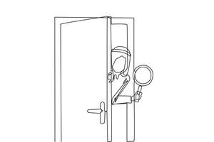 Continuous one line drawing of Arabian businessman came out from behind the door holding a magnifier. Invite business partners to join so that the business is stronger. Single line draw design vector