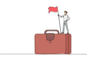 Single one line drawing of young businessman standing on giant briefcase holding flag. Going on a business trip to find newer ideas in startup business. Continuous line design graphic illustration vector