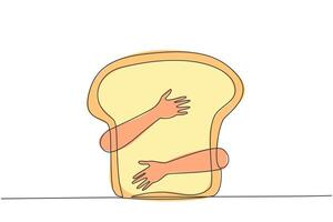 Single one line drawing human hands hugging bread. Foods made primarily from wheat flour and water fermented with yeast are the oldest processed foods in the world. Continuous line design illustration vector