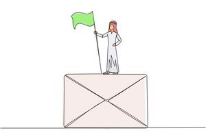 Single one line drawing of young Arabian businessman standing on big email icon holding flag. Received a cooperation offer email that is very profitable for the company. Continuous line design graphic vector