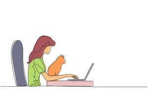 Single continuous line drawing of beautiful woman sitting and hugging a cat while typing on laptop. The cute cat is looking at the laptop screen. Animal lovers. One line design illustration vector