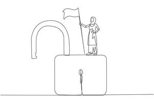 Single continuous line drawing of Arabian businesswoman standing on giant open padlock holding flag. Successful businesswoman find loopholes in a web to hack it. Vulnerable security. One line vector