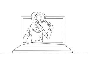 Continuous one line drawing Arabian businesswoman came out of laptop screen holding the magnifier. Finding online networking to sustain her business. Relationship. Single line draw illustration vector