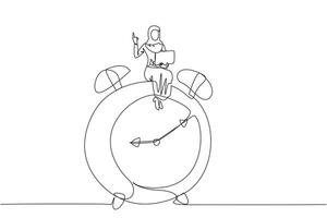 Single continuous line drawing of young Arabian businesswoman sitting on giant alarm clock while holding laptop. Showing one finger meaning having great idea when deadline will comes. One line design vector