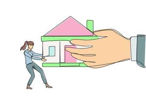 Continuous one line drawing businesswoman pulling miniature house which is also pulled by big hand. Failed to pay the mortgage so that it can be withdrawn by bank. Single line draw illustration vector