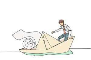 Single continuous line drawing of businessman boarded a paper boat loaded with rolls of paper bills and almost drowned. Spending more than income. Large pegs than poles. One line illustration vector