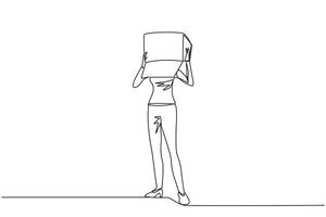 Continuous one line drawing businesswoman stood up and covered head with cardboard box. Businesswoman who are embarrassed because unable to pay several bills. Single line design illustration vector