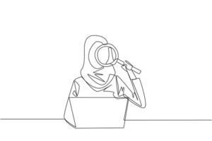 Single continuous line drawing of Arabian businesswoman is typing in front of laptop computer holding a magnifier. Modern business at this time can be done anytime and anywhere. One line design vector