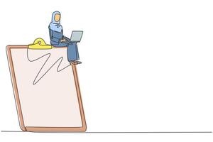 Single one line drawing of Arabian businesswoman sitting on giant clipboard while working on a laptop computer. Create a daily work plan. Concept of time management. Planning. Continuous line design vector