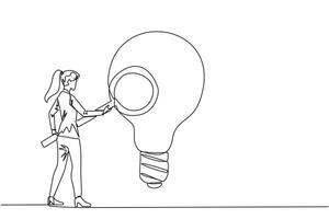 Continuous one line drawing of businesswoman stood holding magnifier and inspected the lightbulb. Businesswoman are looking for new ideas, fresh ideas, and innovation. Single line draw design vector