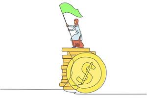 Single one line drawing of Arabian businesswoman standing on stack of coins raising flag. Successful remote freelance work. Get a lot of money. Concept of smart business. Award. Continuous line design vector