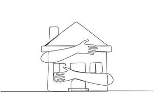 Continuous one line drawing of hands hugging miniature house. Concept of making house as collateral if the business fails. Keep paying mortgage so that house not foreclosed. Single line draw vector