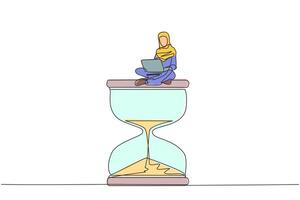 Single continuous line drawing of young Arabian businesswoman sitting on giant hourglass while working on laptop. Business strategy related on time management. Productivity concept. One line design vector