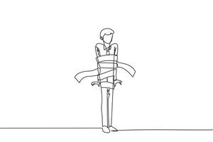 Single one line drawing of businessman stood holding his head in both hands, and his body was wrapped by billing paper. Debt-ridden businesses. Bankrupt. Continuous line design graphic illustration vector