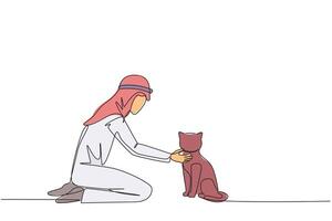 Continuous one line drawing of young energetic Arabian man hugging little cat. While kneeling, he put his cute cat on the floor while feeding. Animal lover. Single line draw design illustration vector