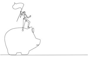 Single one line drawing of successful businesswoman standing on giant piggy bank raising flag. Making investments during the corona pandemic to keep business survive. Continuous line design graphic vector