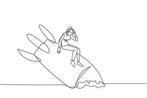 Single one line drawing businesswoman sits downcast on swooping rocket stranded and stuck at ground level. New business was destroyed. Unable to pay bills. Continuous line design graphic illustration vector