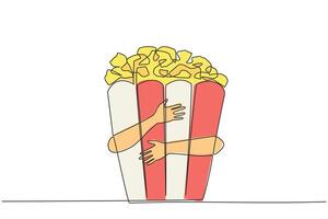 Continuous one line drawing of hand hugging popcorn. Movie time, popcorn time. The best way to enjoy a movie is while eating popcorn. A snack that has several flavors. Single line draw design vector