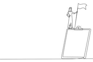 Continuous one line drawing of Arabian businessman standing on giant clipboard holding flag. Create a daily business plan for smooth running of business. Business management concept. Single line draw vector