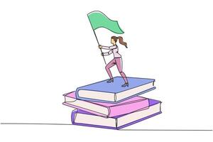 soltero uno línea dibujo de mujer de negocios en pie en pilas de gigante libros levantamiento bandera. leyendo mejora su habilidades en negocio mundo a volverse un exitoso emprendedor. continuo línea diseño vector