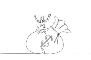 Continuous one line drawing of young Arabian businesswoman sitting on giant money bag while putting her laptop on thighs. Got additional bonuses for employees who exceed business targets. Single line vector