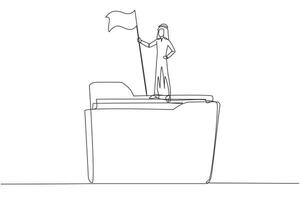 Continuous one line drawing of Arabian businessman standing on big folder icon holding flag. Arranged business plan, keep records, practice. Be a champion. Single line draw design illustration vector