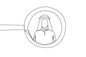 Single one line drawing the circle of magnifiers highlights to young successful Arab businessman. Resembles an avatar for photo on social media. Victorious. Continuous line design graphic illustration vector